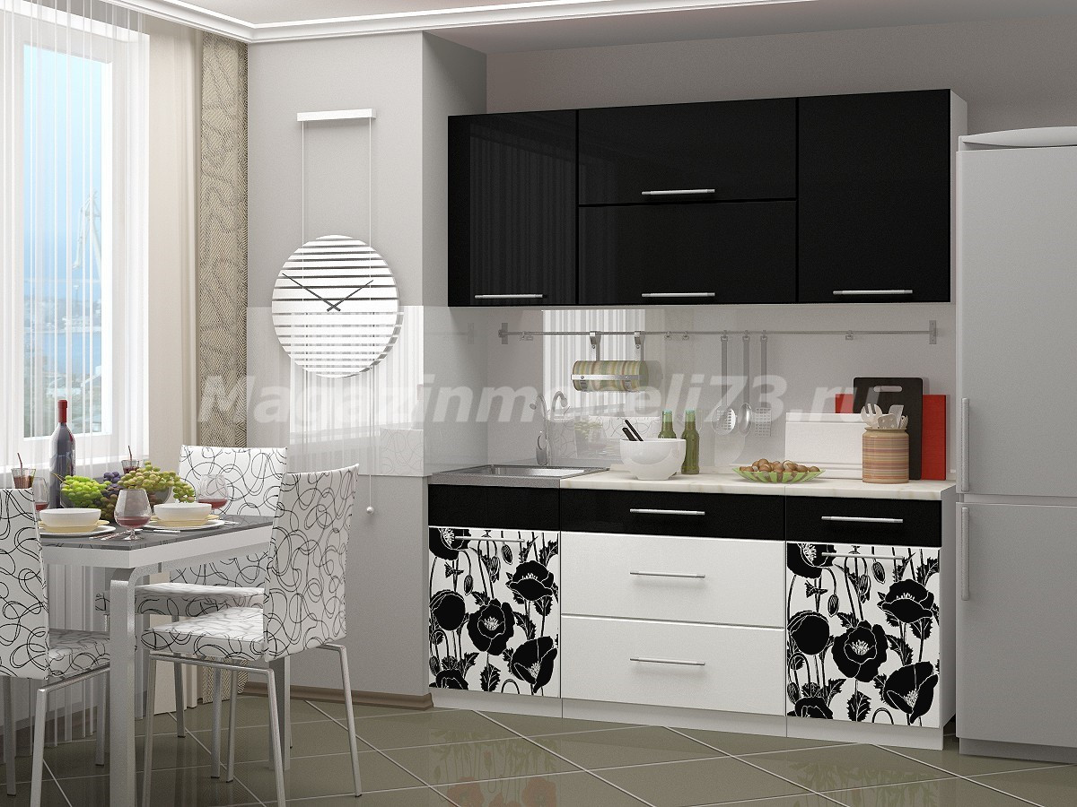 Кухонный Гарнитур Маки Черные Фотопечать МДФ 1,8 м.