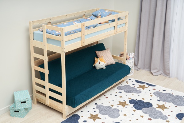 Двухъярусная кровать массив с диван-кроватью синий / натуральный